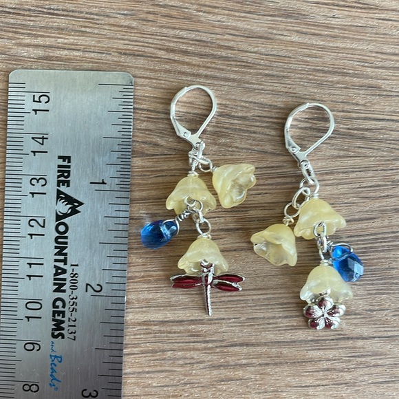 HAND CRAFTED EARRINGS Yellow Flowers Dragonfly and Flower Charms, Blue Drop - Picture 3 of 12